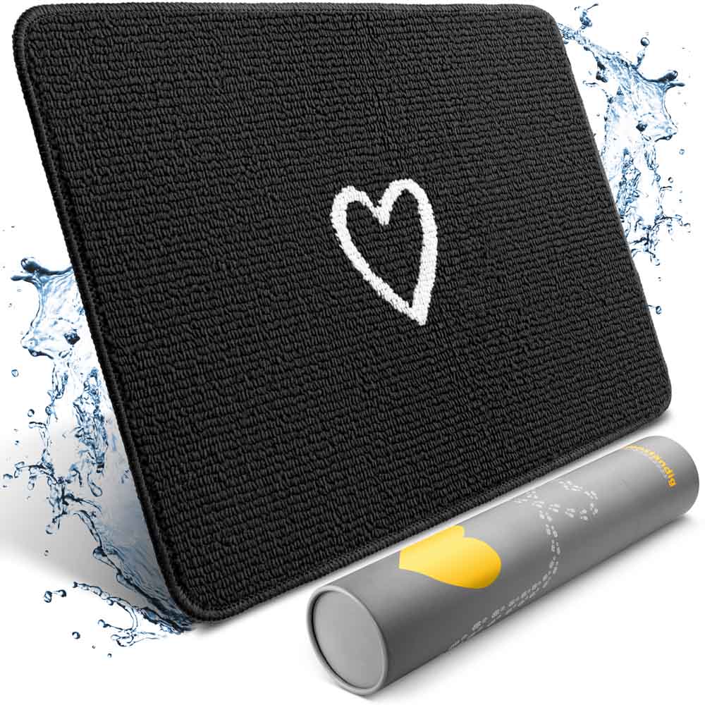 schwarze rutschfeste fussmatte fuer innen mit weissem herzmotiv von bodenstaendig saugfaehig schnell trocknend und gegen wasser geeignet