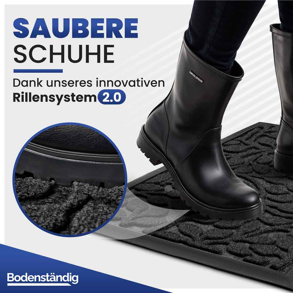 schwarze fussmatte mit blattmuster reinigt schuhe dank innovativem rillensystem robuste stiefel auf matte gezeigt inklusive detailaufnahme