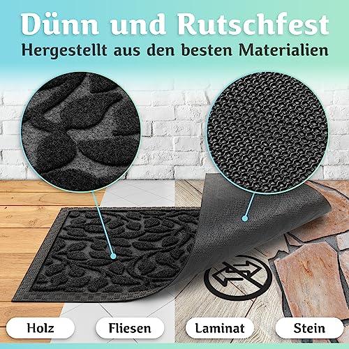 Die schwarze Fußmatte ist dünn und rutschfest, bietet sicheren Halt auf Holz, Fliesen, Laminat und Stein und besteht aus hochwertigen Materialien.