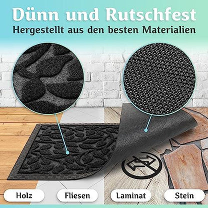 Die schwarze Fußmatte ist dünn und rutschfest, bietet sicheren Halt auf Holz, Fliesen, Laminat und Stein und besteht aus hochwertigen Materialien.
