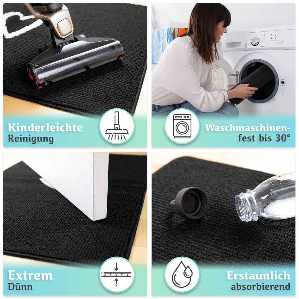 schwarze fussmatte fuer innen zeigt leichte reinigung waschmaschinenfestigkeit duenner aufbau und starke wasseraufnahme in vier ansichten