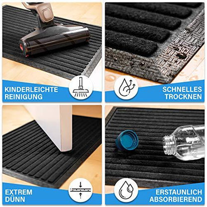 Schwarze Fussmatte mit leichter Reinigung, schnellem Trocknen, duennem Design und hoher Absorption fuer den Eingangsbereich.