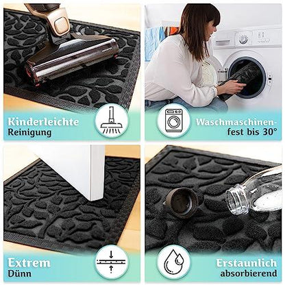 Die schwarze Fußmatte ist leicht zu reinigen, waschmaschinenfest bis 30 Grad, extrem dünn und nimmt Flüssigkeiten zuverlässig auf.