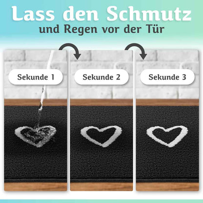 schwarze fussmatte fuer innen zeigt starke wasseraufnahme in drei sekunden mit weissem herzmotiv dargestellt in einer dreiteiligen bildreihe