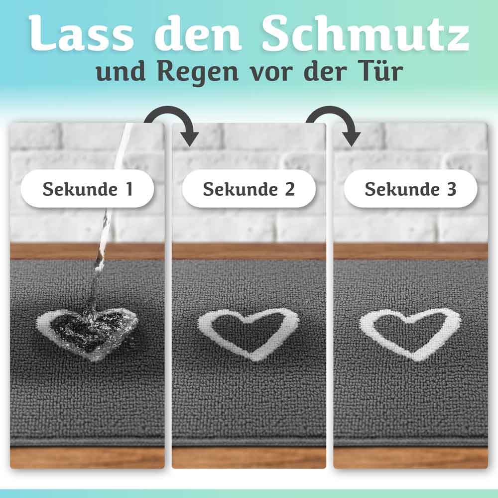 saugfaehige graue fussmatte fuer innen mit weissem herzmotiv zeigt schnelle wasseraufnahme in drei sekunden demonstriert in bildreihe
