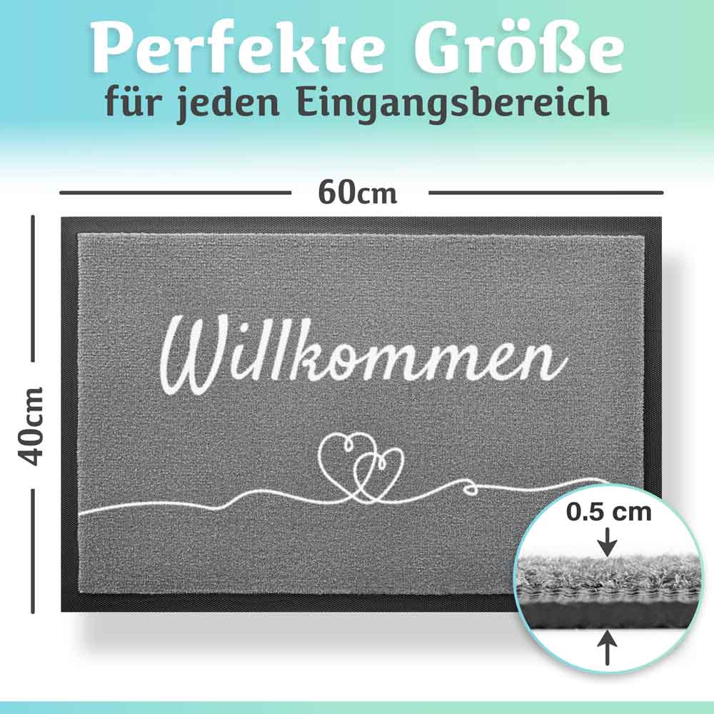 graue willkommen fussmatte 60x40 cm mit 0.5 cm hoehe und herzmotiv ideal fuer eingangsbereiche und haustuerbereiche