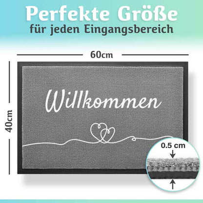 graue willkommen fussmatte 60x40 cm mit 0.5 cm hoehe und herzmotiv ideal fuer eingangsbereiche und haustuerbereiche
