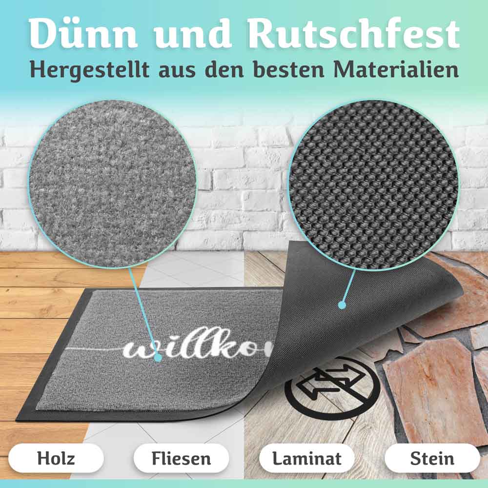 graue willkommen fussmatte mit materialnahaufnahmen rutschfester rueckseite und geeignet fuer holz fliesen laminat und steinboeden