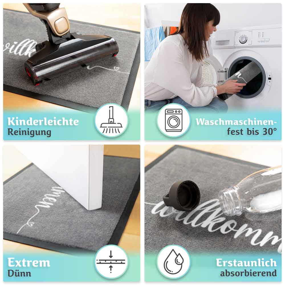 graue willkommen fussmatte mit staubsauger reinigung waschmaschinengeeignet duenn rutschfest und stark absorbierend fuer den alltag