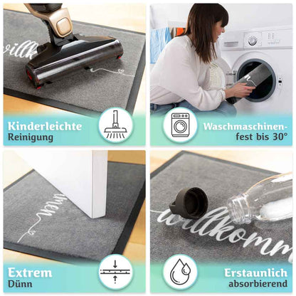 graue willkommen fussmatte mit staubsauger reinigung waschmaschinengeeignet duenn rutschfest und stark absorbierend fuer den alltag