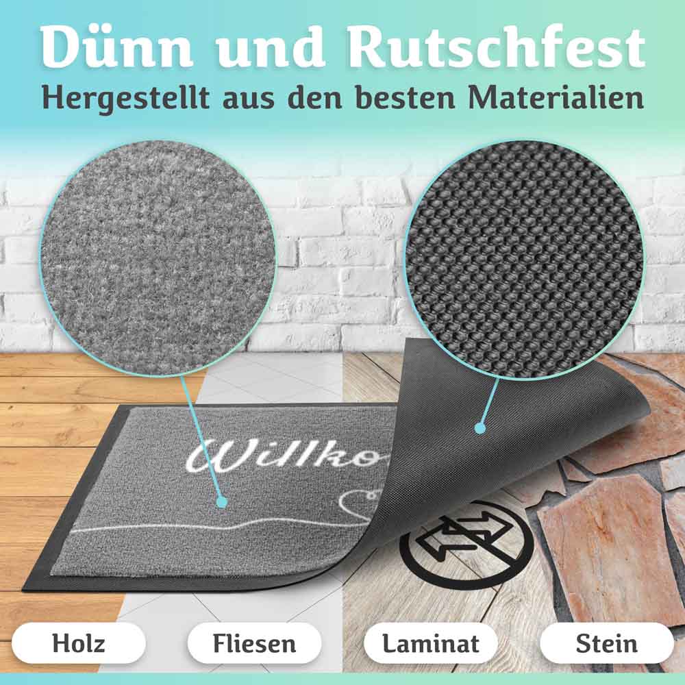 graue willkommen fussmatte mit materialnahaufnahmen rutschfester rueckseite geeignet fuer holz fliesen laminat und steinboeden
