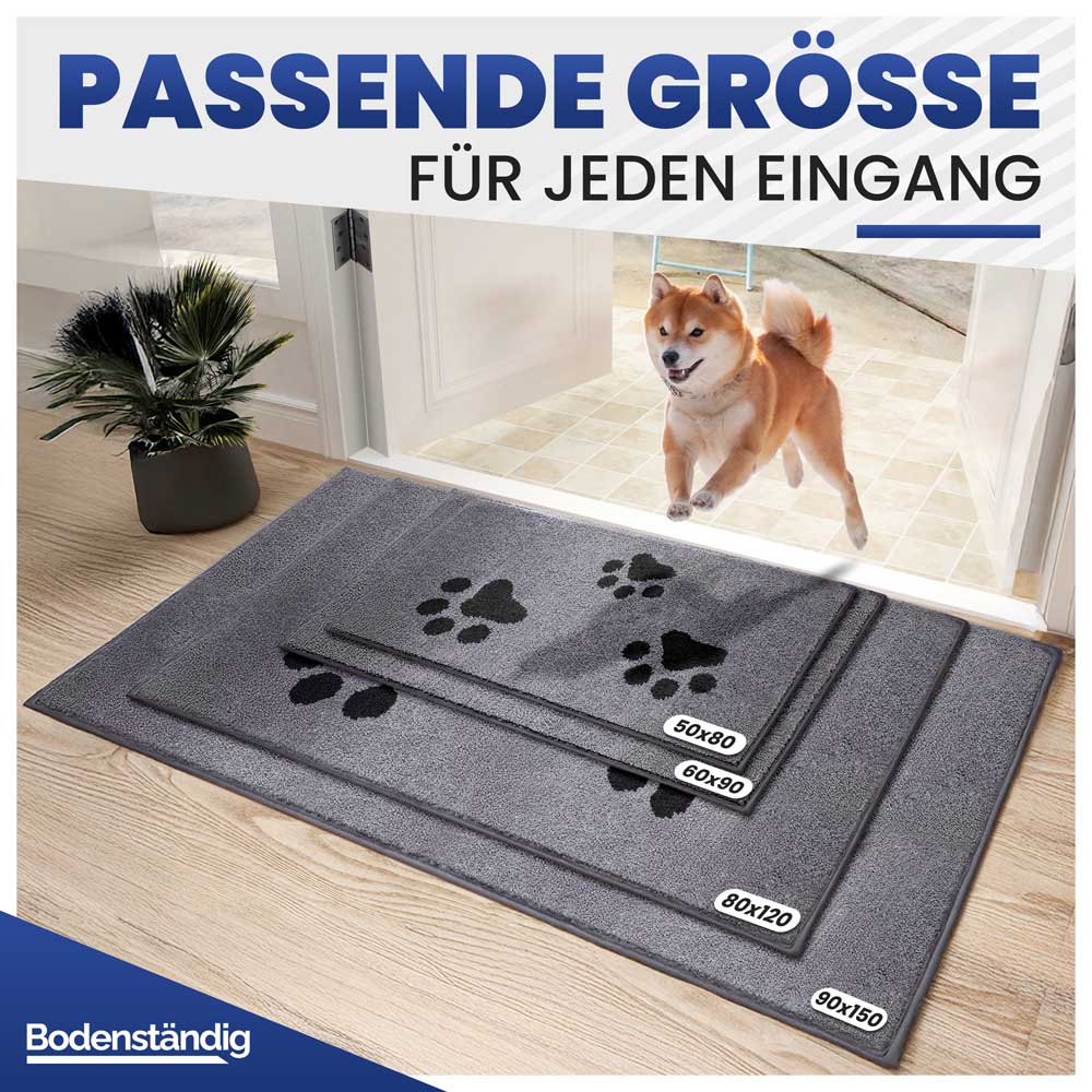 Graue Schmutzfangmatte mit Pfotenmuster in vier verschiedenen Größen (50x80 bis 90x150) für jeden Eingangsbereich.