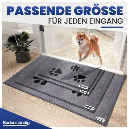 Graue Schmutzfangmatte mit Pfotenmuster in vier verschiedenen Größen (50x80 bis 90x150) für jeden Eingangsbereich.
