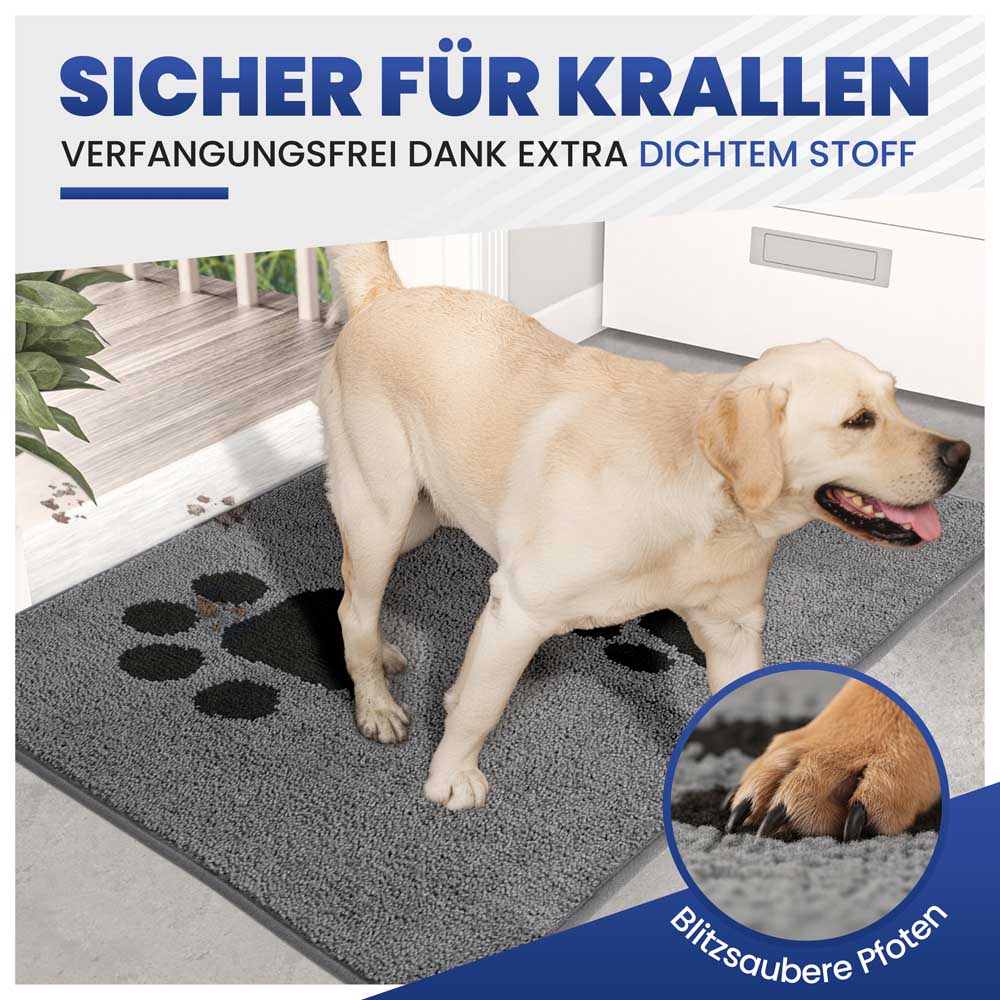 Graue, krallensichere Schmutzfangmatte mit dichtem Stoff. Labrador im Eingangsbereich mit Nahaufnahme der Pfoten.