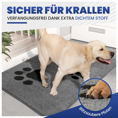 Graue, krallensichere Schmutzfangmatte mit dichtem Stoff. Labrador im Eingangsbereich mit Nahaufnahme der Pfoten.