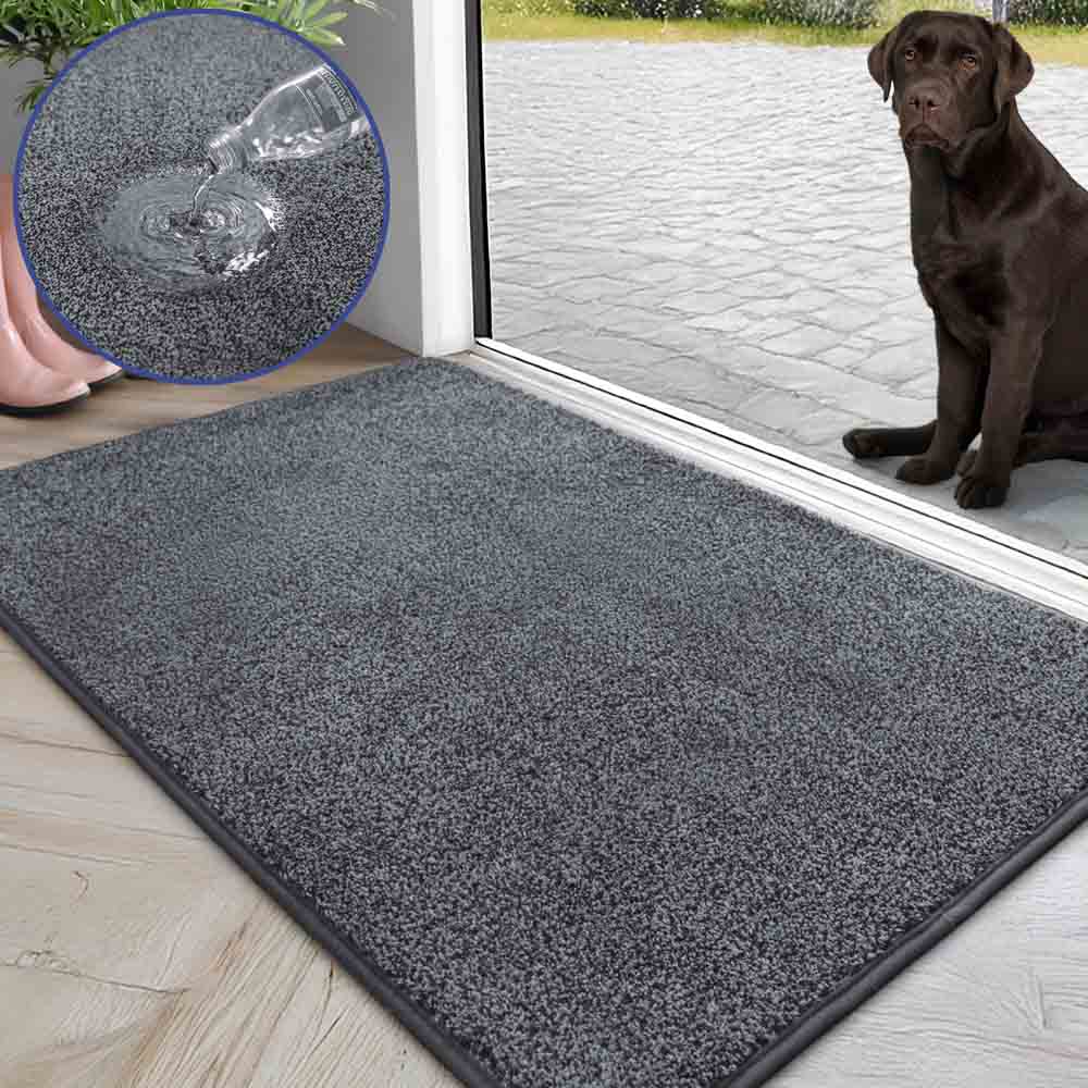 Graue, hoch saugfähige Fußmatte im Eingangsbereich. Labrador sitzt im Hintergrund. Detailaufnahme von Wasseraufnahme.
