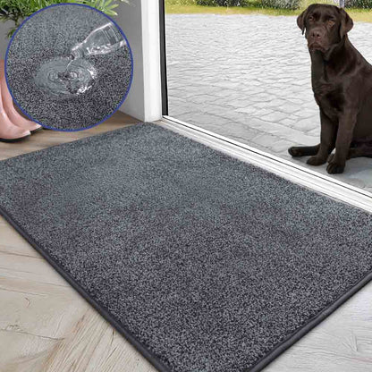 Graue, hoch saugfähige Fußmatte im Eingangsbereich. Labrador sitzt im Hintergrund. Detailaufnahme von Wasseraufnahme.