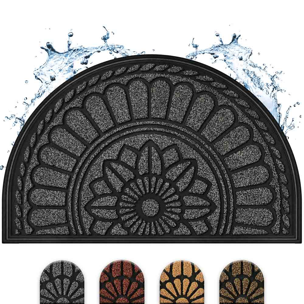 Halbrunde Fußmatte mit elegantem Blumenmuster in Dunkelgrau und verschiedenen Farboptionen für den Eingang.