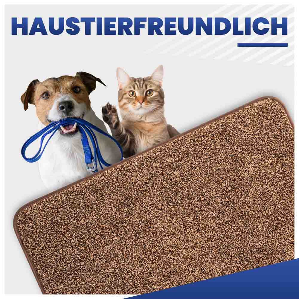 Haustierfreundliche Schmutzfangmatte für Hunde und Katzen. Hund hält Leine, Katze winkt.
