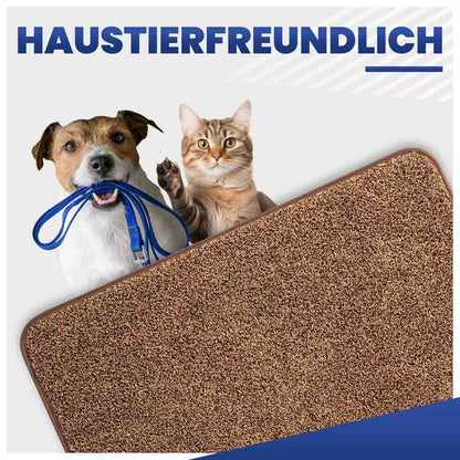 Haustierfreundliche Schmutzfangmatte für Hunde und Katzen. Hund hält Leine, Katze winkt.