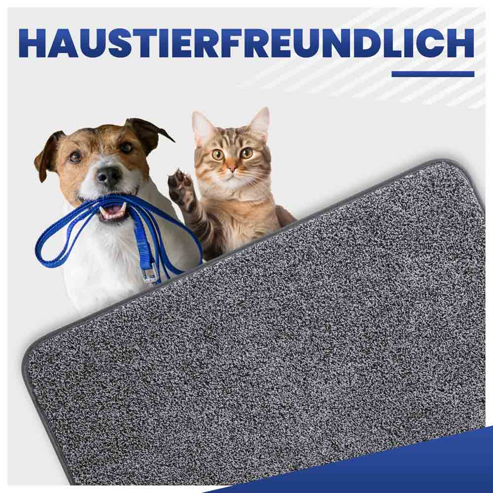 Haustierfreundliche Schmutzfangmatte für Hunde und Katzen. Hund hält Leine, Katze winkt.