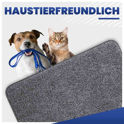 Haustierfreundliche Schmutzfangmatte für Hunde und Katzen. Hund hält Leine, Katze winkt.