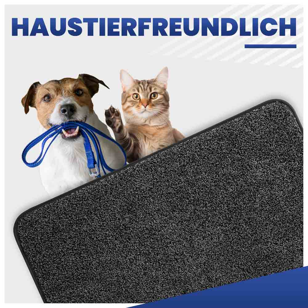 Haustierfreundliche Schmutzfangmatte für Hunde und Katzen. Hund hält Leine, Katze winkt.