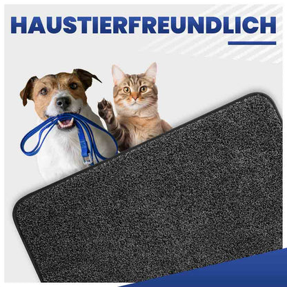 Haustierfreundliche Schmutzfangmatte für Hunde und Katzen. Hund hält Leine, Katze winkt.