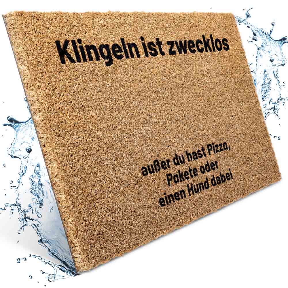 wetterfeste kokos fussmatte mit spruch klingeln ist zwecklos und humorvollem zusatz fuer pizza pakete oder hunde