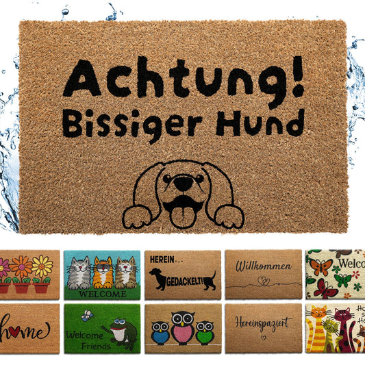 Kokosfußmatte mit schwarzem Schriftzug „Achtung! Bissiger Hund“ und Hundegesicht, darunter Auswahl weiterer Mattenmotive