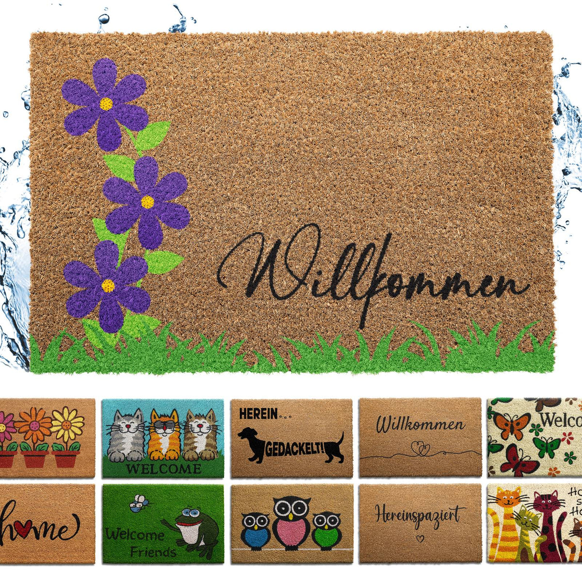 Kokosfußmatte mit Schriftzug „Willkommen“, lila Blumen und grünem Gras, darunter Auswahl weiterer Mattenmotive