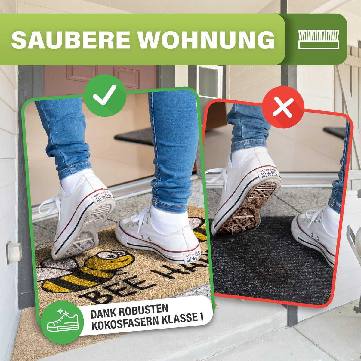 Kokosmatte „Bee Happy“ mit Biene: Weiße Turnschuhe bleiben sauber, auf schwarzer Matte sind die Sohlen schmutzig