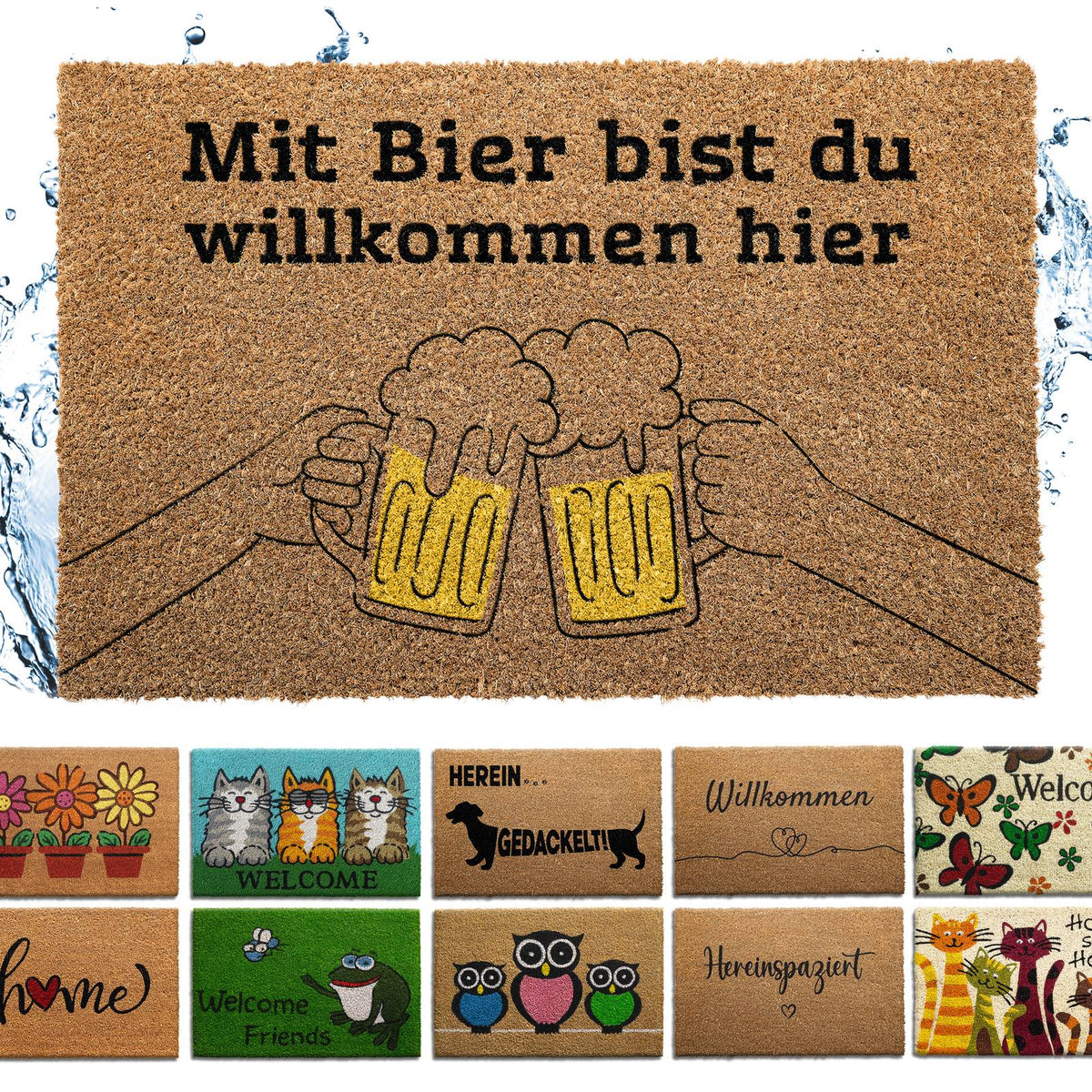 Kokosfußmatte mit Schriftzug „Mit Bier bist du willkommen hier“ und zwei anstoßenden Bierkrügen, darunter weitere Motive