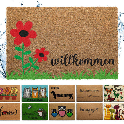 Kokos Fußmatte mit roten Blumen, Gras und Schriftzug „willkommen“, darunter weitere Motive zur Auswahl