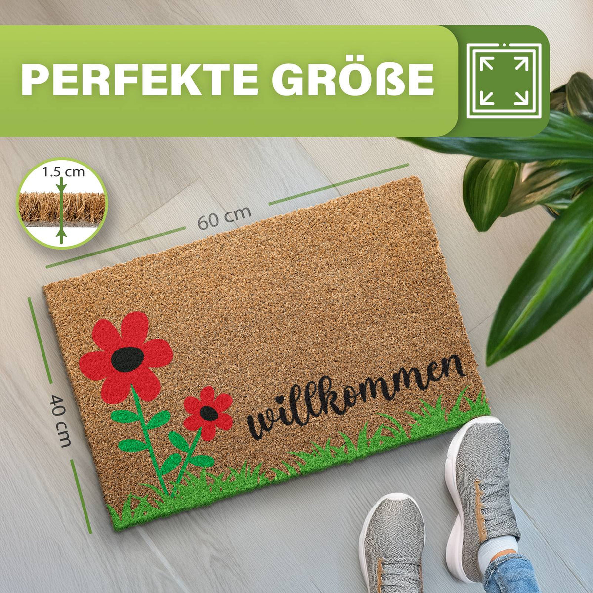 Kokos Fußmatte mit roten Blumen und Schriftzug „willkommen“ mit Maßangaben 60 x 40 cm und 1,5 cm Dicke