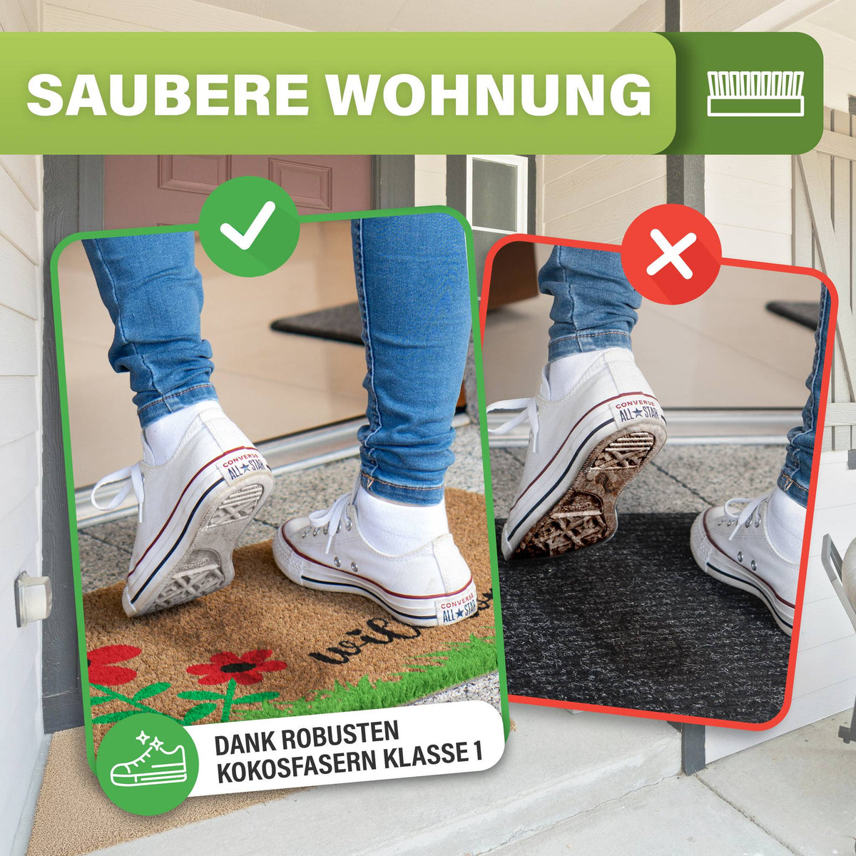 Kokos Fußmatte mit roten Blumen vor einer Tür: saubere Schuhe auf Kokosfasern, schmutzige Sohle auf dunkler Matte