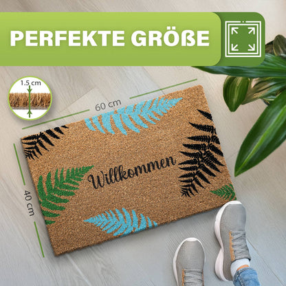 Kokos Fußmatte mit Farnblättern und Schriftzug „Willkommen“ mit Maßangaben 60 x 40 cm und 1,5 cm Dicke