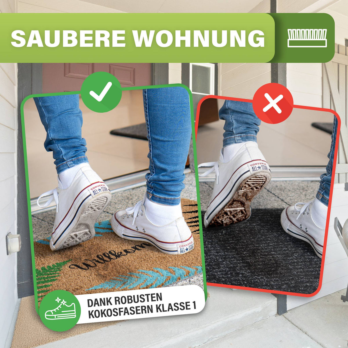 Kokos Fußmatte mit Farnmotiv vor einer Tür: saubere Schuhe auf Kokosfasern, schmutzige Sohle auf dunkler Matte