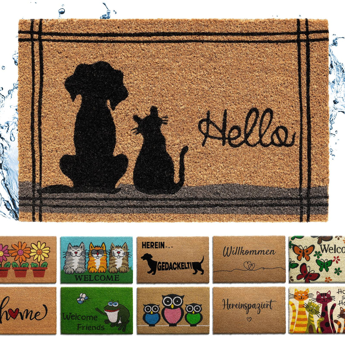 Kokos Fußmatte mit Hund und Katze als Silhouette und Schriftzug „Hello“, darunter weitere Motive zur Auswahl
