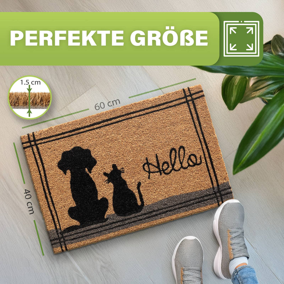 Kokos Fußmatte mit Hund, Katze und Schriftzug „Hello“ mit Maßangaben 60 x 40 cm und 1,5 cm Dicke