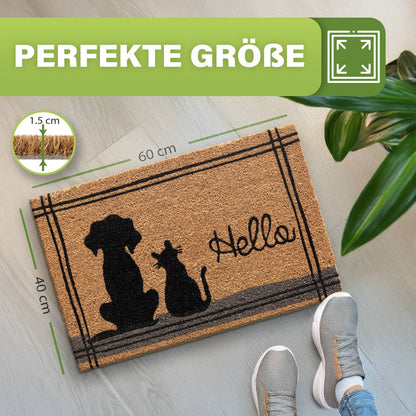 Kokos Fußmatte mit Hund, Katze und Schriftzug „Hello“ mit Maßangaben 60 x 40 cm und 1,5 cm Dicke