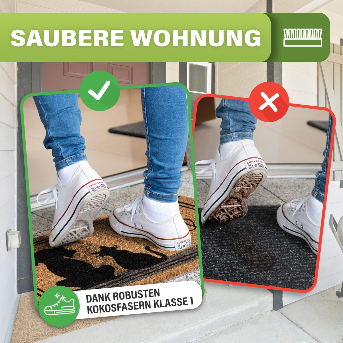 Kokos Fußmatte mit schwarzer Katze: Weiße Schuhe werden sauber, links Kokosmatte, rechts dunkle Matte mit Schmutz