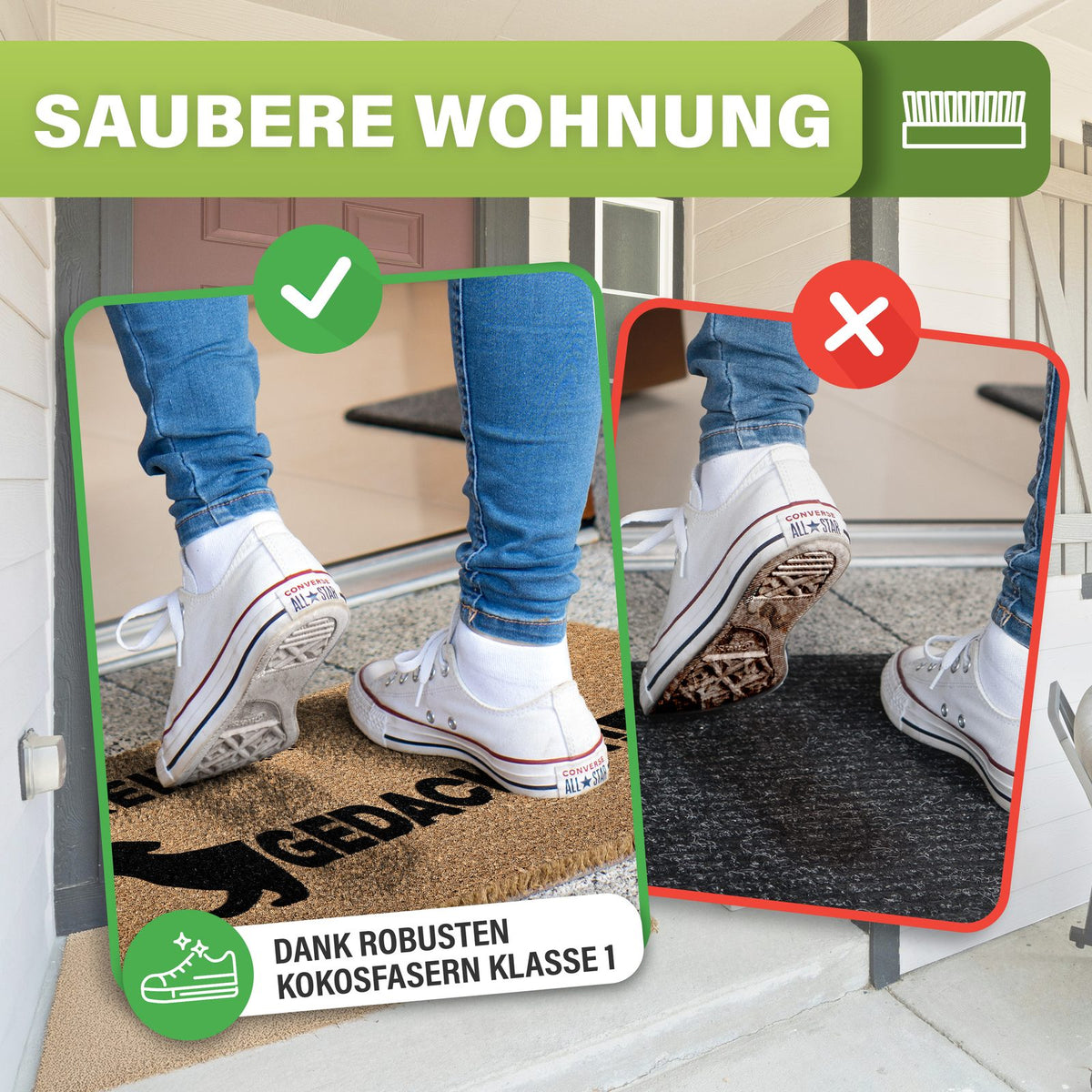 Kokos Fußmatte „Gedackelt“: Weiße Schuhe werden sauber, rechts eine dunkle Matte mit schmutziger Schuhsohle