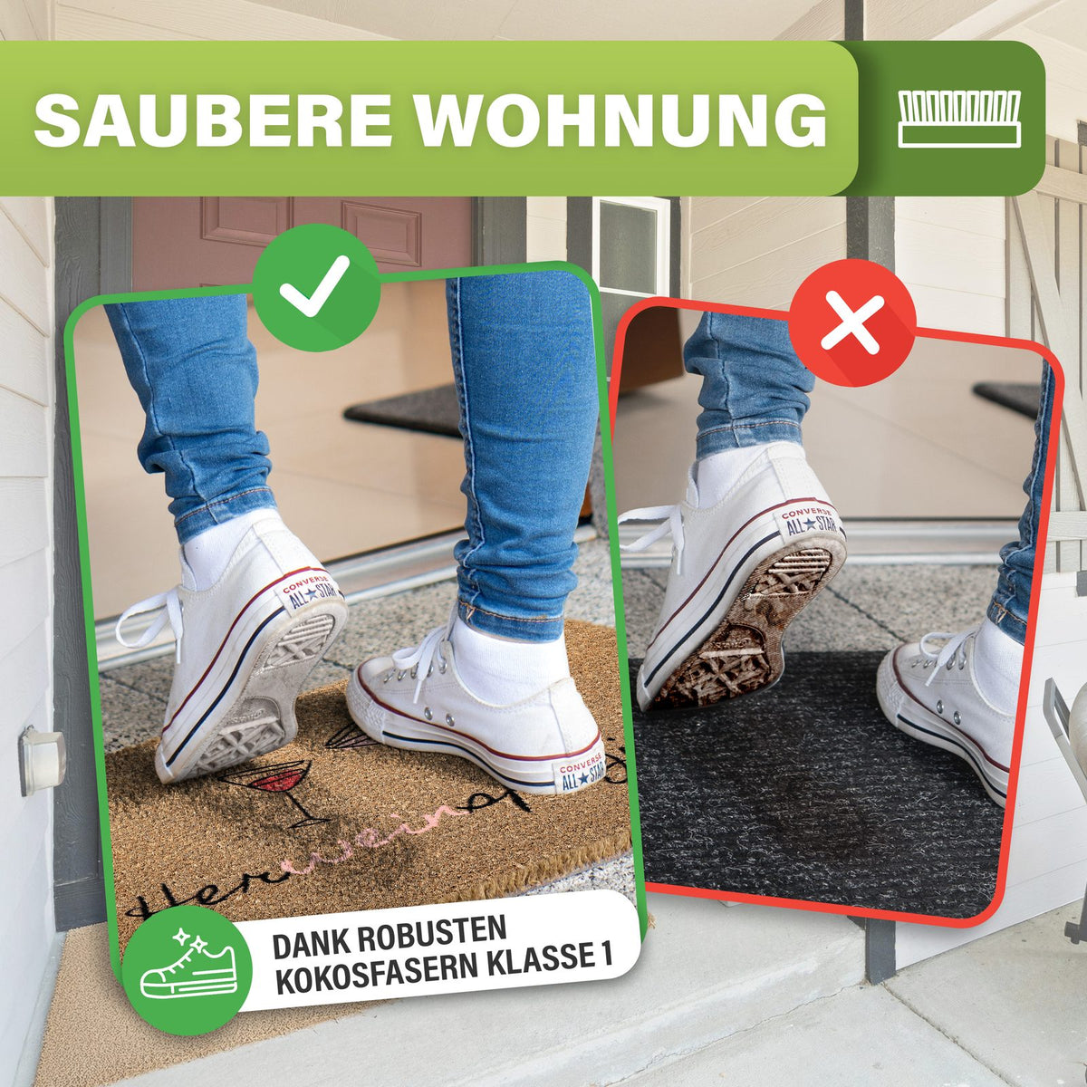 Kokosmatte mit Weinglas-Motiv: saubere Schuhe auf der Matte, dreckige Sohle auf dunkler Matte, Text „Saubere Wohnung“