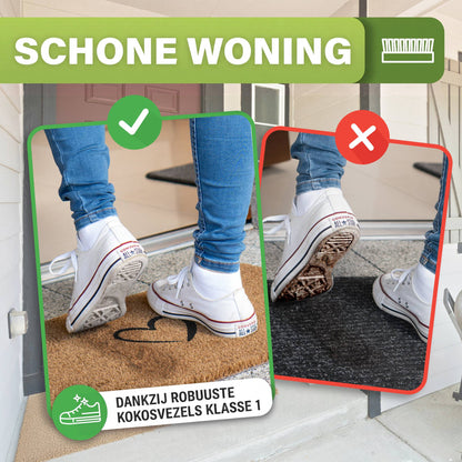 Kokosmatte mit schwarzem Herz: saubere Sneaker-Sohle auf der Matte, schmutzige Sohle auf dunkler Matte, niederländischer Text