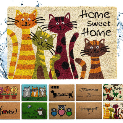 Kokos Fußmatte mit bunten Katzen und Schriftzug Home Sweet Home, darunter Auswahl weiterer Motive