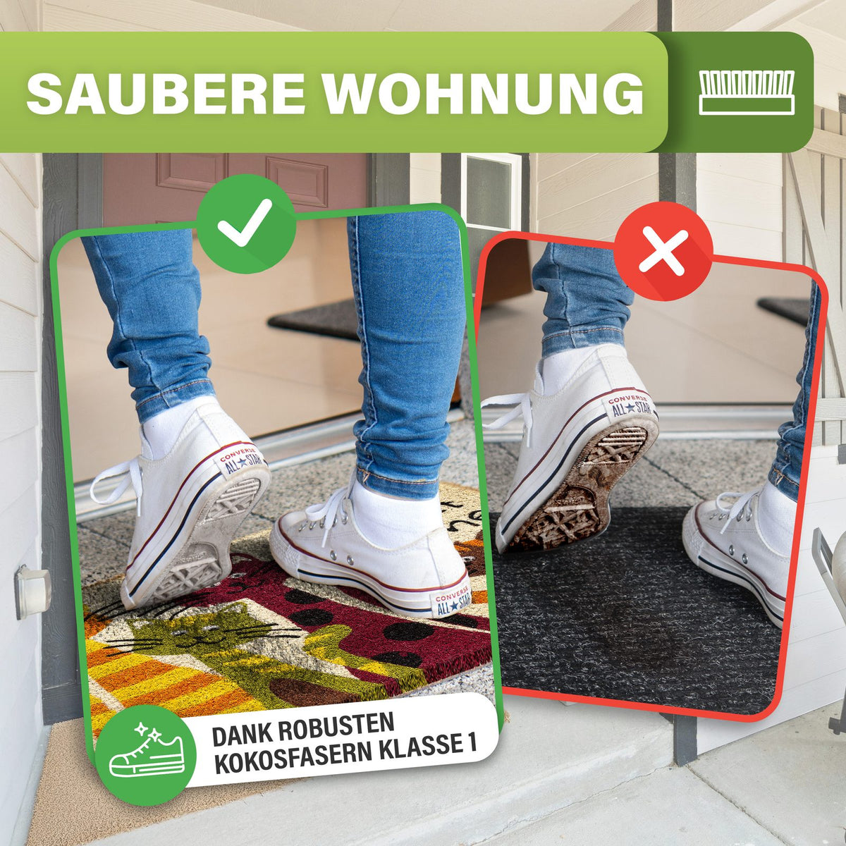 Kokos Fußmatte mit bunten Katzen an der Haustür, weiße Turnschuhe treten darauf, daneben ein verschmutzter Schuh