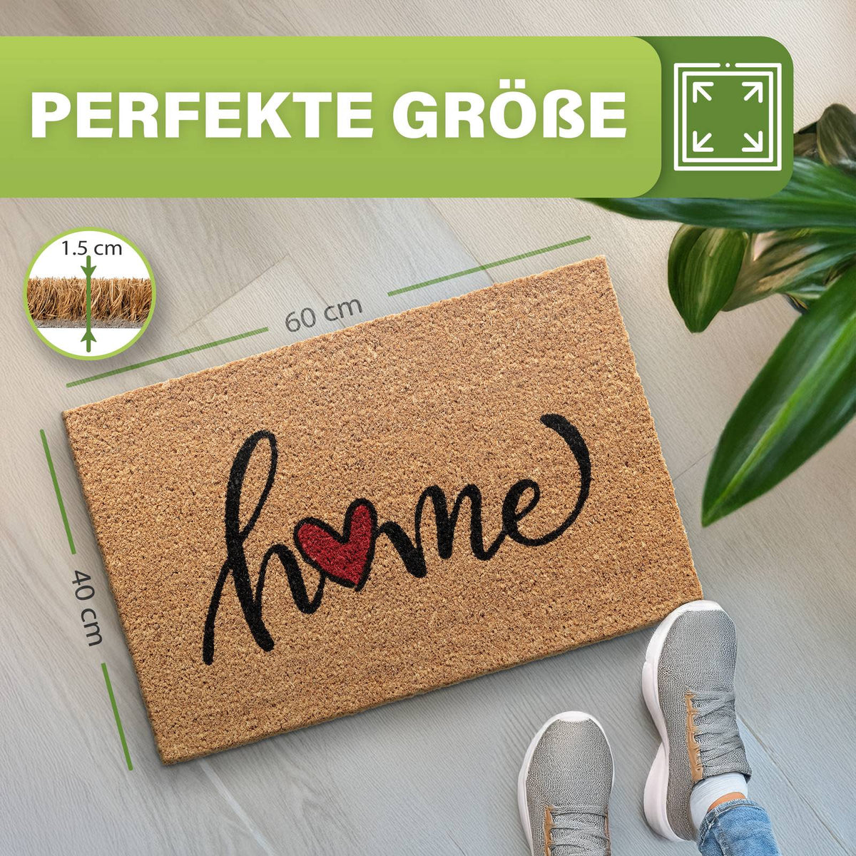 Kokos Fußmatte mit Schriftzug home und rotem Herz auf dem Boden, Maße 40 x 60 cm, Dicke 1,5 cm