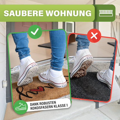 Kokos Fußmatte mit home-Schriftzug und rotem Herz an der Haustür, weiße Turnschuhe bleiben sauber