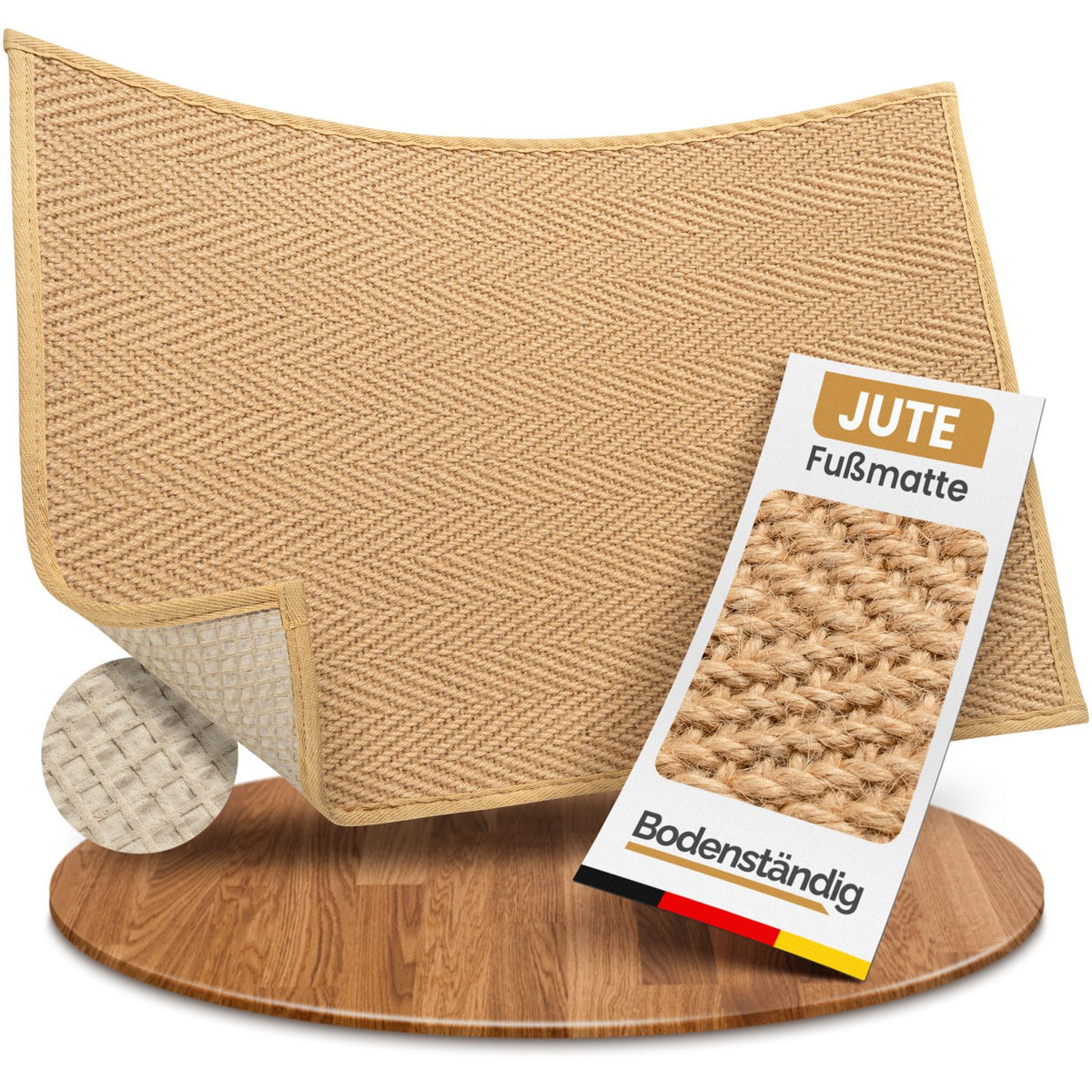 Beige Jute Fußmatte mit Fischgrätmuster und Rand, umgeschlagene Ecke zeigt Rückseite, Bodenständig-Etikett davor